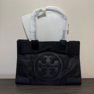 TORY BURCH ELLA SMALL NYLON TOTE BAG BLACK COLOR